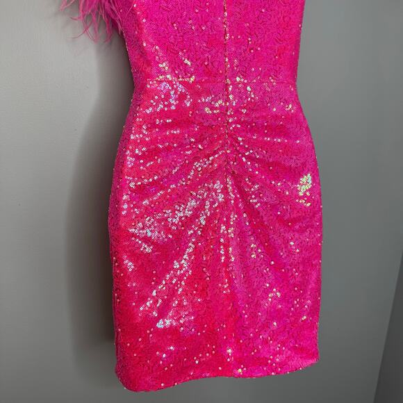 Colors Dress Style #3016 Mini Dress Hot Pink Sequin/Feather One Shoulder Sz 2 - Picture 11 of 13